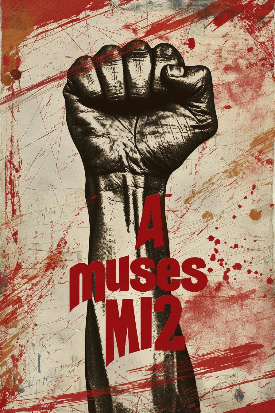 Rebellion poster featuring a raised fist and the words "AI muses", minimalism