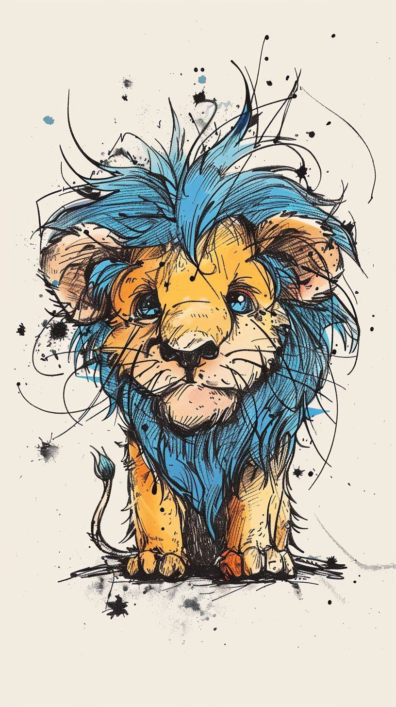Ralph Steadman style character, a cute lion in a thick line hand-drawn style, blue hair, plush feeling, vector file, watercolor, white background, rough, minimalism, front view