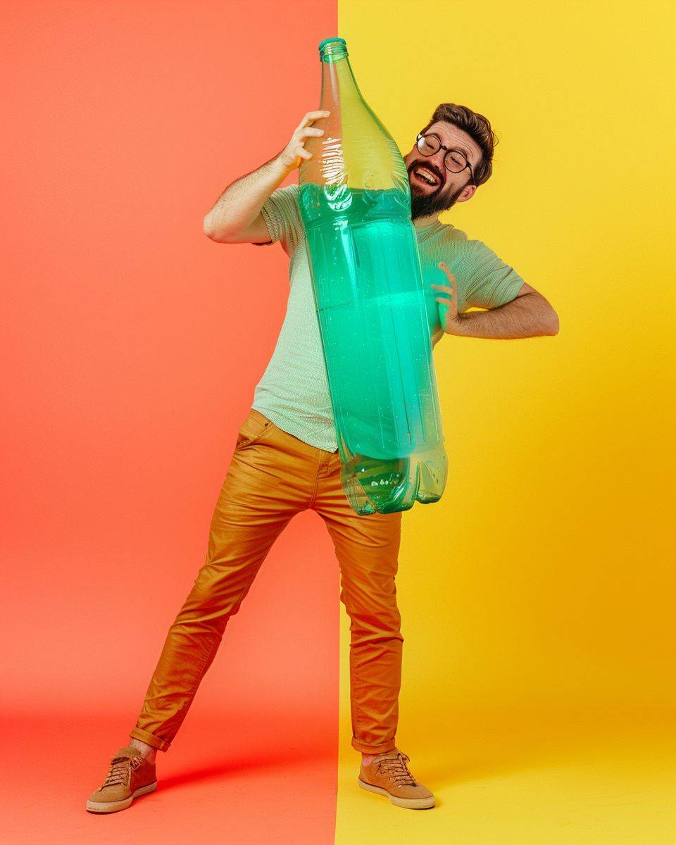 男性が全身像で、興奮したアクションポーズで、低角度から大きな飲料瓶を抱いている。ポップで鮮やかな色合いで、黄色、赤色、ミント色が目立つ。