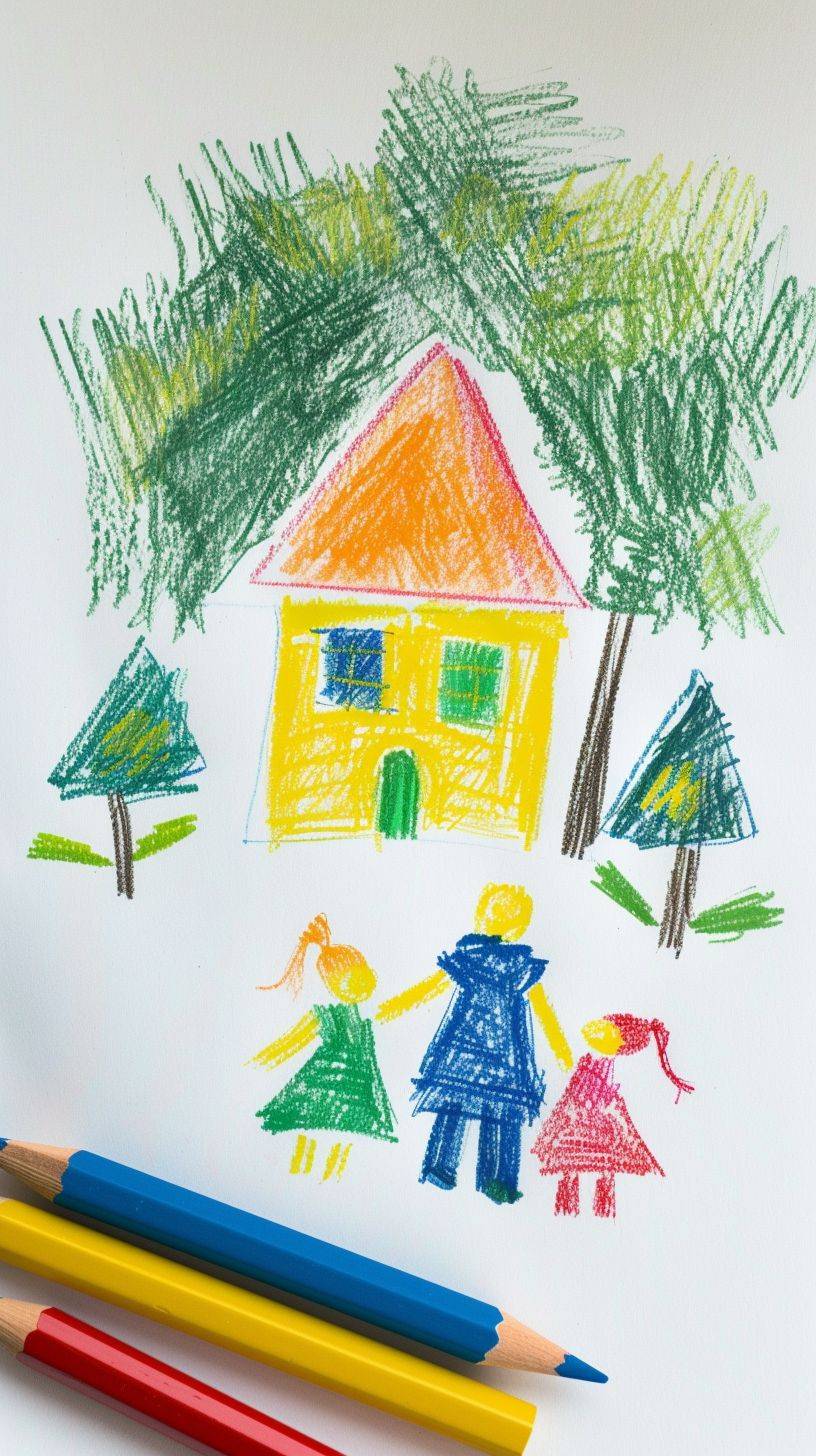 Naive children's drawing with colored chalk on white paper, made by hand by a child, family and a house, isolated on white background