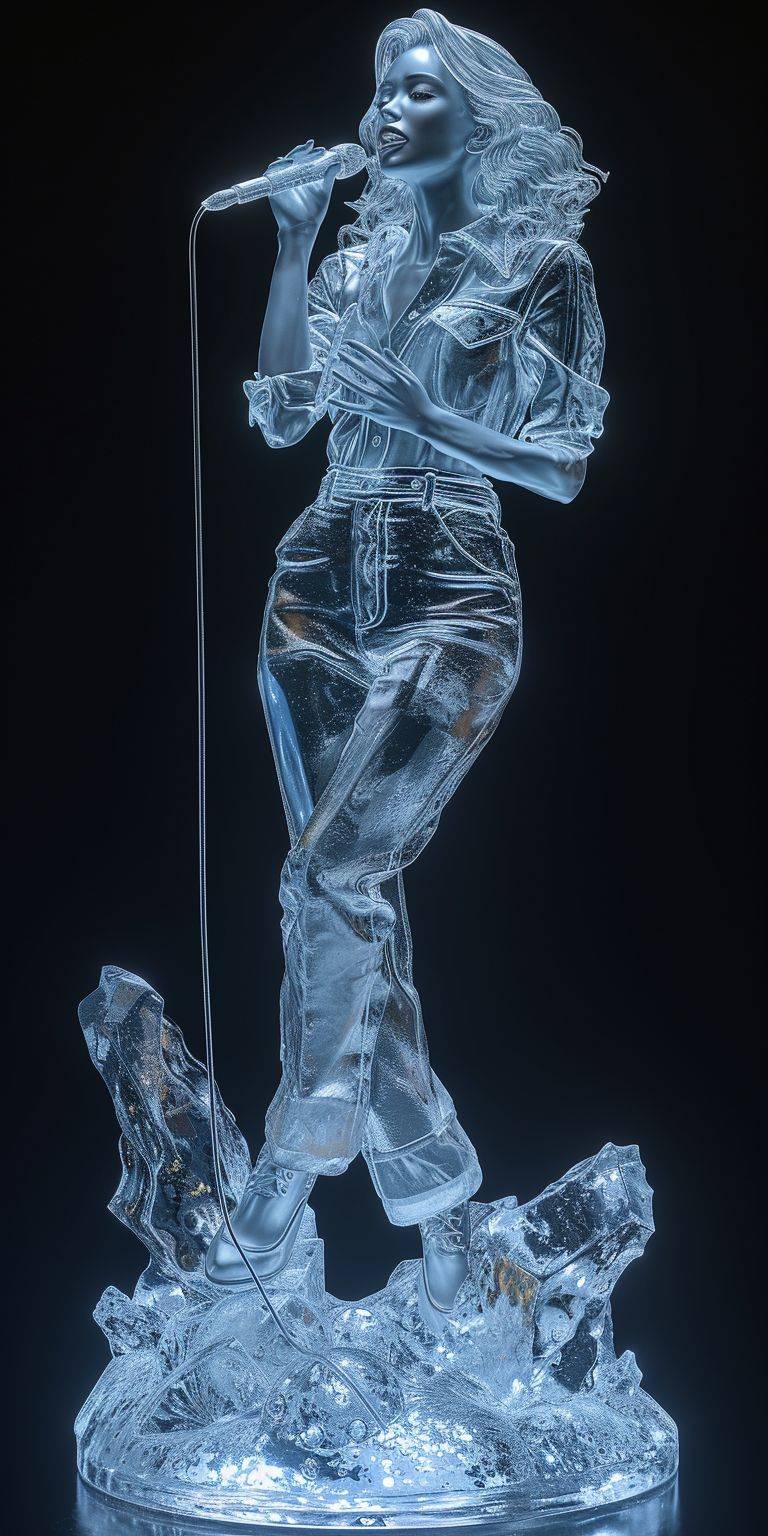 Ice sculpture, singer woman statue from ice, full body, octane render, highly detailed