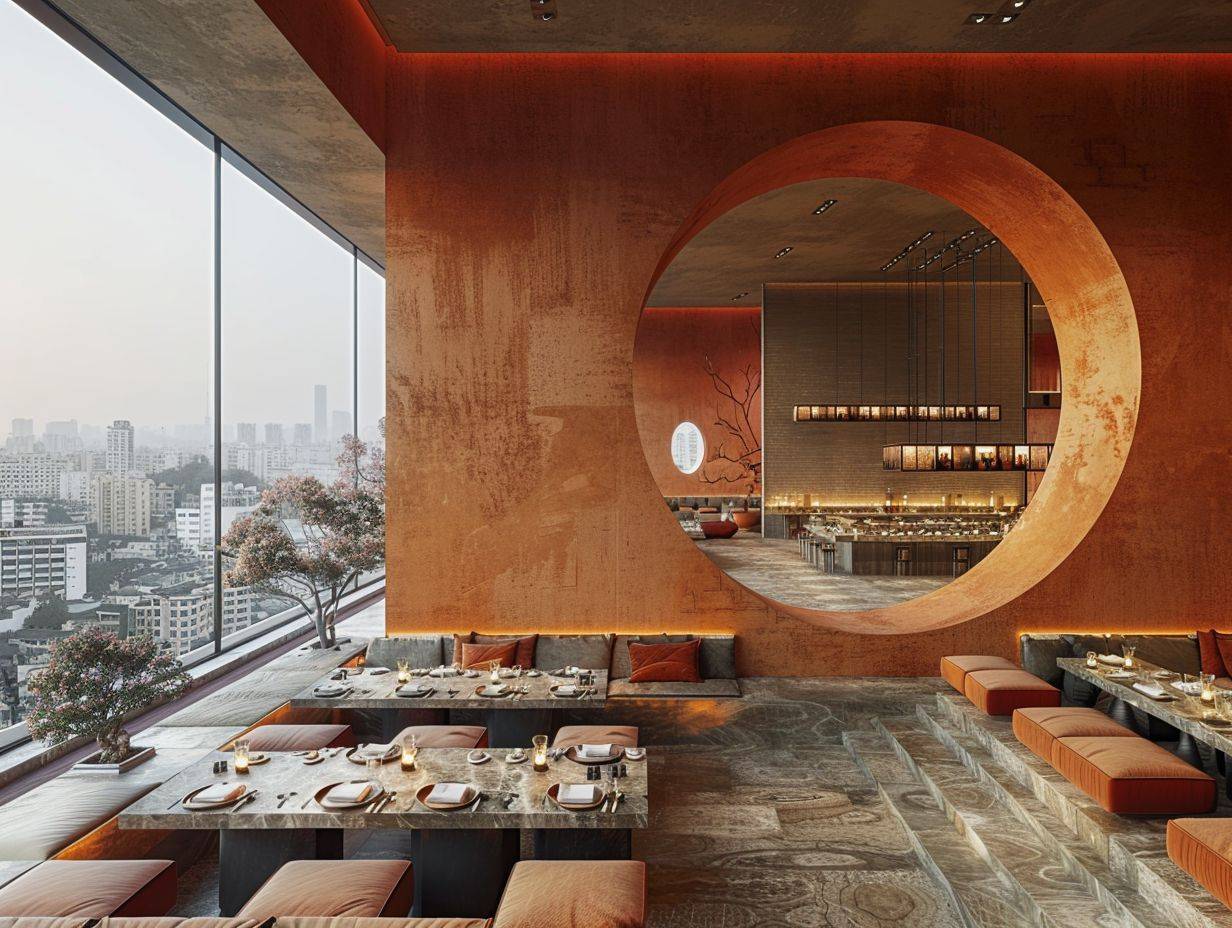 The Johanna is a new restaurant that focuses on city views, in the style of Tadao Ando, dark maroon and orange, brutalist, muted hues, blown-off-roof perspective, Western Zhou dynasty, vray tracing --ar 4:3 --stylize 750