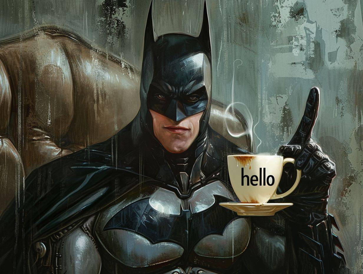 Batman drinking a coffee and saying 'hello'