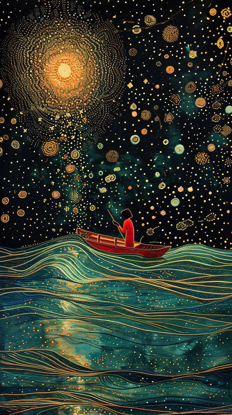 Colourful silk and gold embroidery depicting a ferryman crossing a river of stars, intricate design, minimalism, dark background