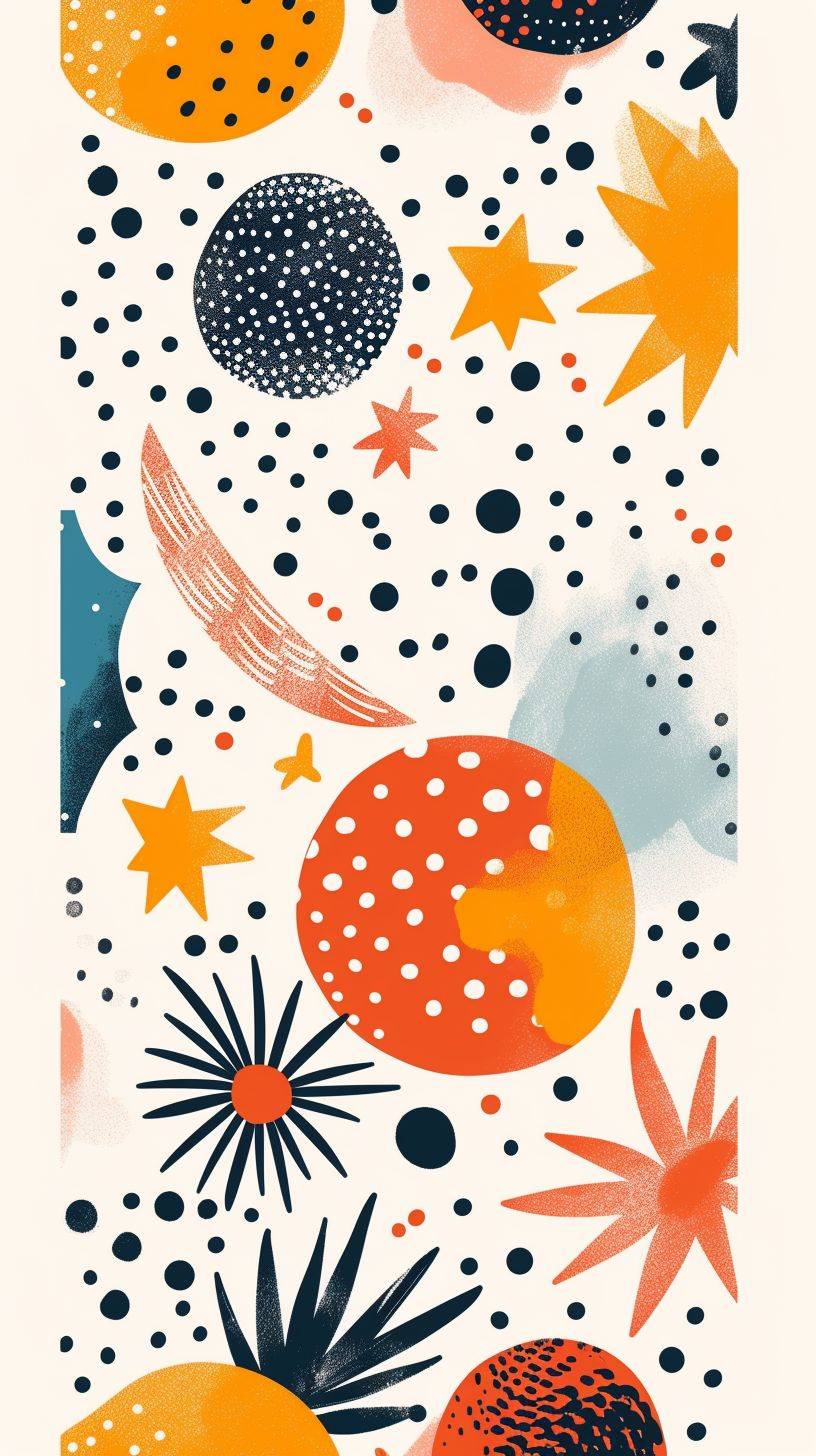 Create a pattern using dots, stars, and moon, cartoon illustration, flat 2D, minimalistic vector