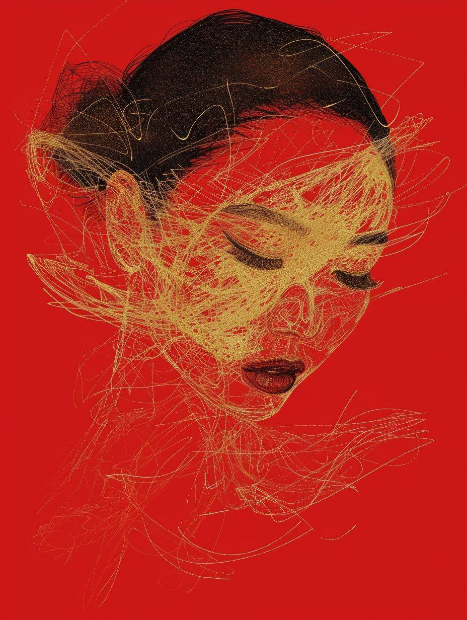 Andaluz's design is inspired by a Chinese girl. Sprinkled with golden lines, deconstructed minimalist thin line drawing. Pure red paper, fractal split effect. High fashion style of Dolce Gabbana and Balenciaga.