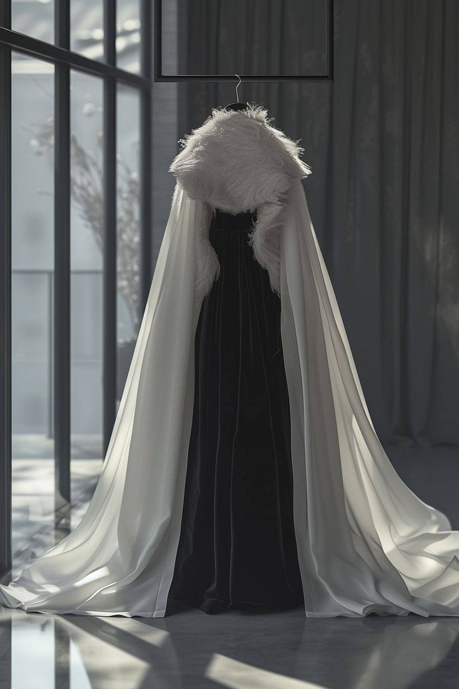 A Chinese-style cloak with a long fur collar hangs on a hanger, a long black skirt hangs on a hanger, a loose and comfortable skirt design, white fabric, plush jacket, vertical smoothness, full of charm, nobility, elegance, octane rendering, Unreal Engine 5, ultra high image quality, ultra high definition, masterpiece, bright glass showroom background