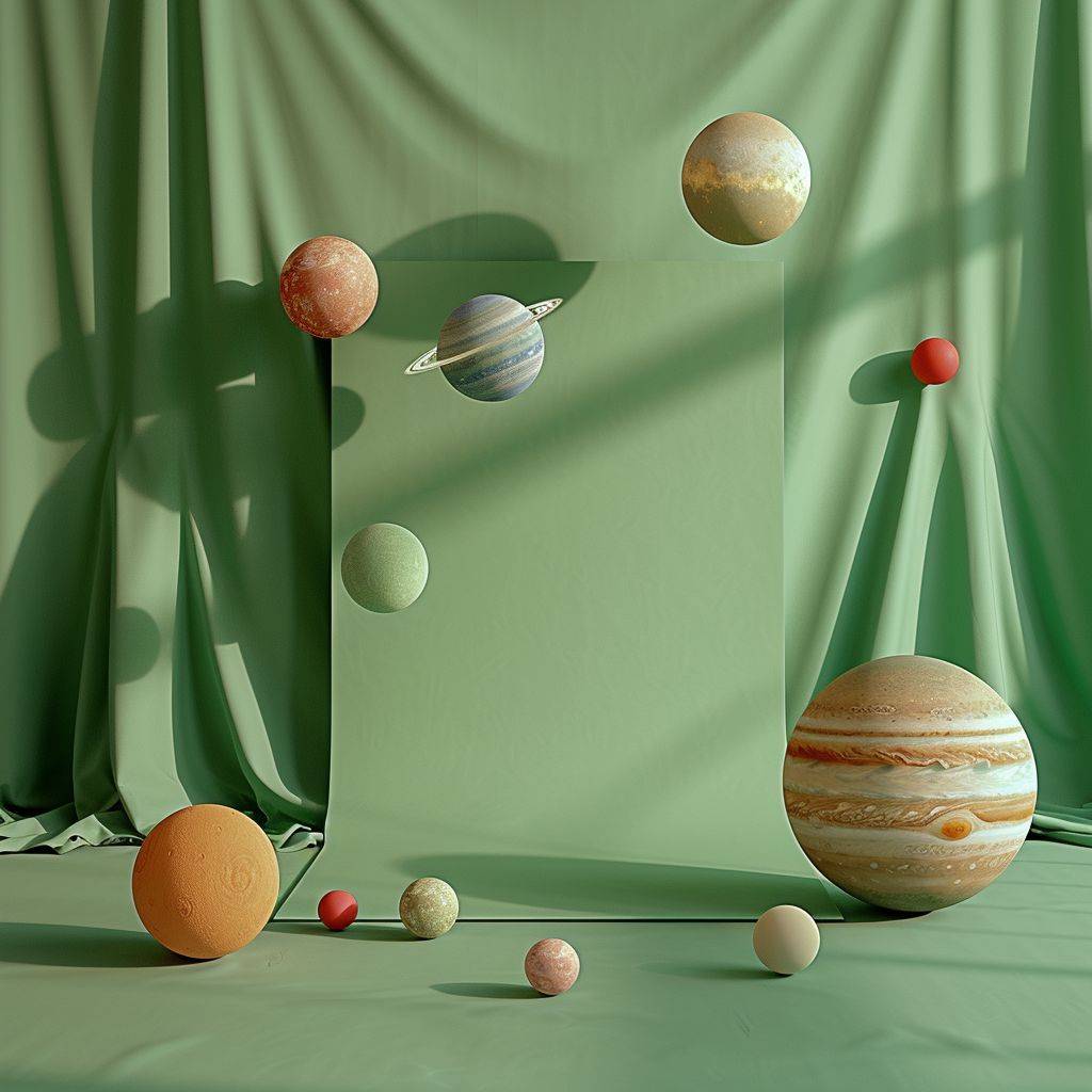 Hyperrealistic photo of simple cosmic visual, showing planets in a minimalist pure form, [SUBJECT] with green screen is standing on top, minimalist mockup