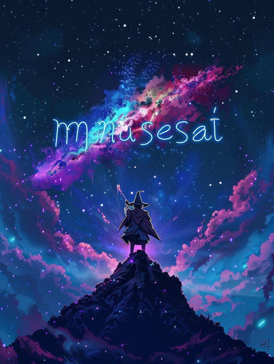 Epic anime artwork of a wizard atop a mountain at night casting a cosmic spell into the dark sky that says 'musesai' made out of colorful energy