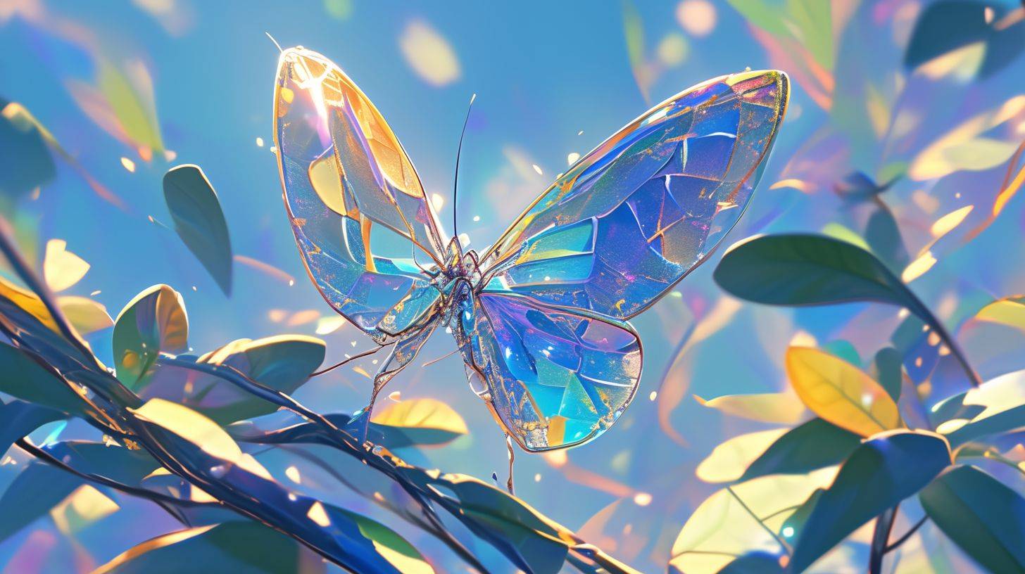 華やかな太陽光を吸収し、キラキラと虹色に輝く薄い太陽光パネルでできた繊細な機械の蝶を思い浮かべてください。その美しさに魅了された可愛い幼児が蝶を楽しそうに追いかける。