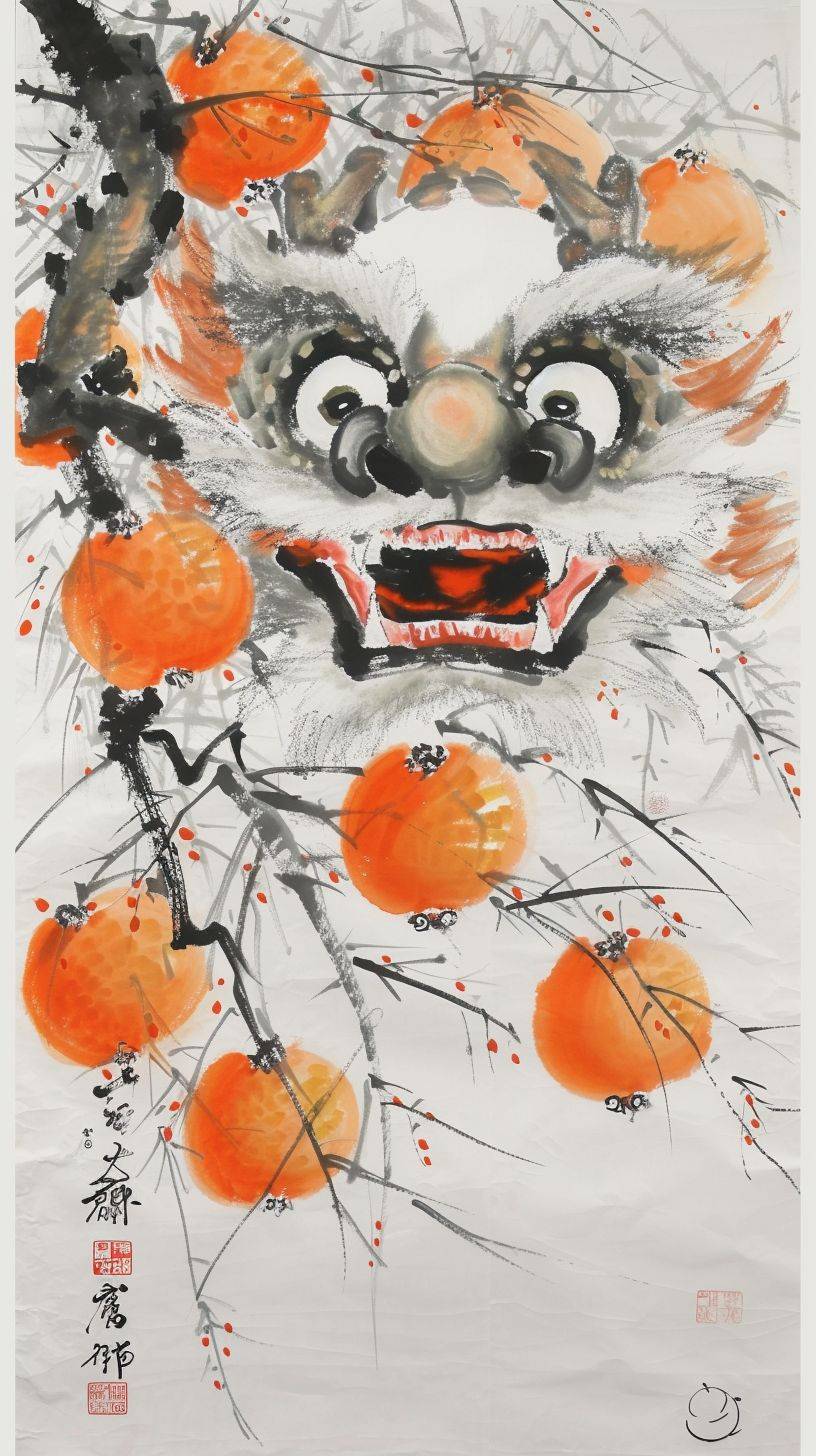 Chinese dragon painted by Wu Guanzhong, stepping on persimmons, very cute, with big eyes and white tooth, smiling to me, Chinese dragon, white background, 18k-style raw stylize 250