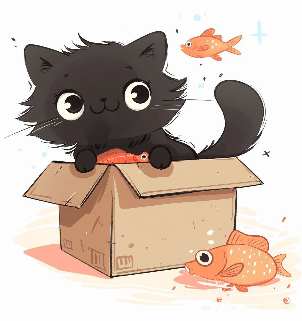 Cute black cat and fish sitting in a box, in the style of animated gifs, expressive forms, babycore, frayed, verdadism, dusty piles and white background