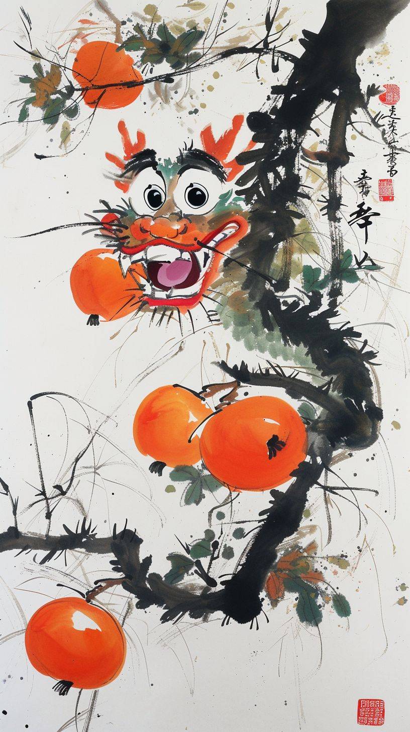 Chinese dragon painted by Wu Guanzhong, stepping on persimmons, very cute, with big eyes and white tooth, smiling to me, Chinese dragon, white background, 18k-style raw stylize 250