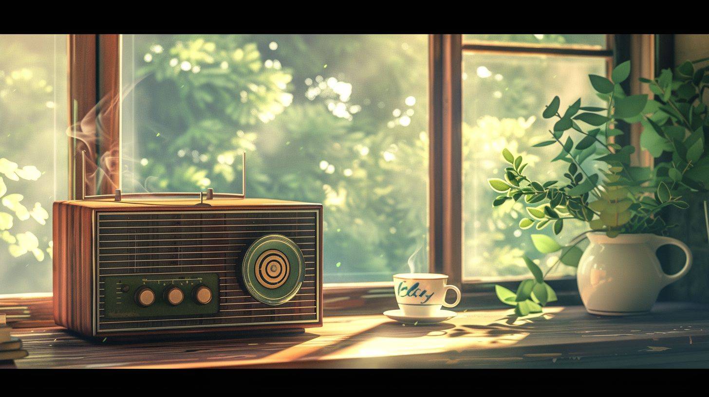 Close-up of vintage radio, Japanese house, beautiful day, window, morning, cozy room, table, a coffee cup, digital painting, anime background