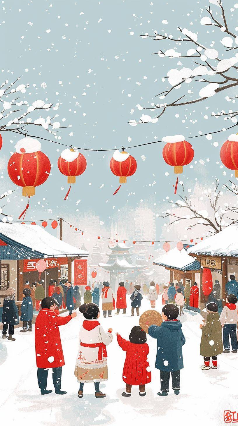 アニメ風のイラスト、雪の降る中国の新年の夜、子供たちが街を訪れ、賑やかなシーン、みんなが新しい服を着ており、清潔な白い背景、祝いの赤いアクセント、積もった雪の冬景色、柔らかくて涼しいカラーパレット、遊び心と表現豊かなキャラクター、伝統的な中国の祭りの要素、中間距離の視点、心温まるお祭りの訪問シーン、文化祝賀、楽しい雰囲気。