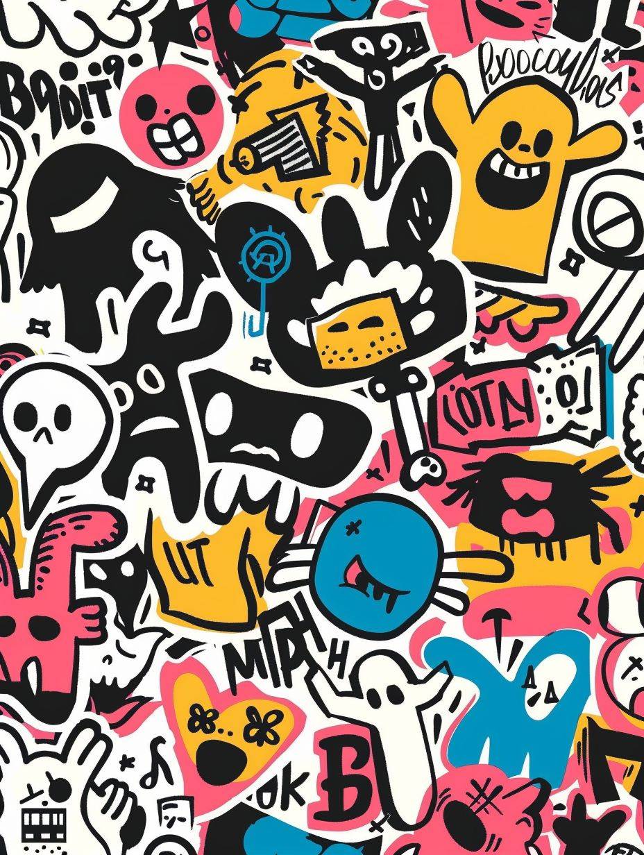 Various Patches, Pins, Stamps, Stickers. Funny cute comic Characters. Different Phrases and words. Hand drawn trendy Vector illustration. Cartoon style, Set of three Abstract square seamless Patterns. Keith Haring style --ar 3:4