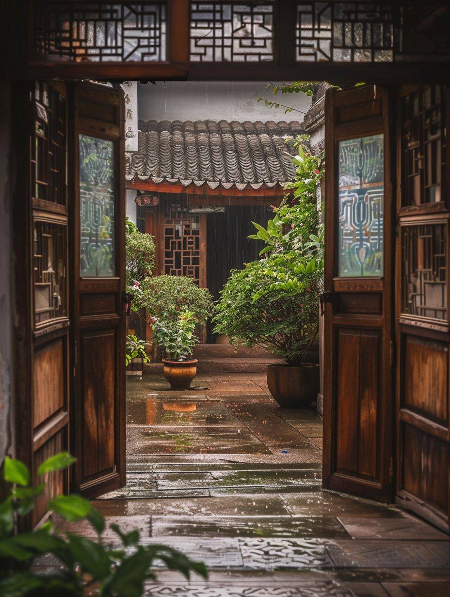 Jiangnan Ancient Village Courtyard, with a sense of vicissitudes. You can see the courtyard outside through the doors and windows. In rainy weather, there are green plants in the courtyard in high definition, created by masters, with fine details.