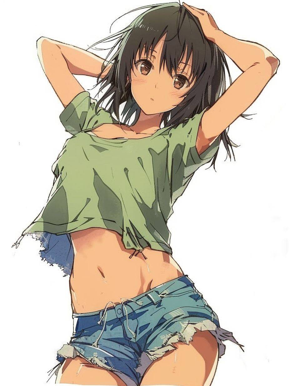 Anime girl in green shirt and blue shorts posing for a picture, by Kose Kanaoka, anime visual of a cute girl, beautiful anime high school girl, anime best girl, female anime character, attractive anime girl, (anime girl), Hinata Hyuga, young anime girl, by Ikuo Hirayama, anime girl