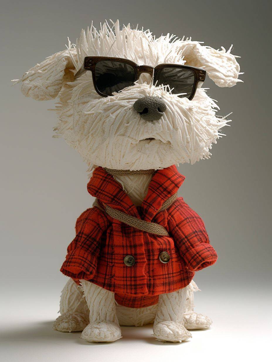Generate a 3D three-dimensional dog, very anthropomorphic, wearing a red dress, wearing sunglasses