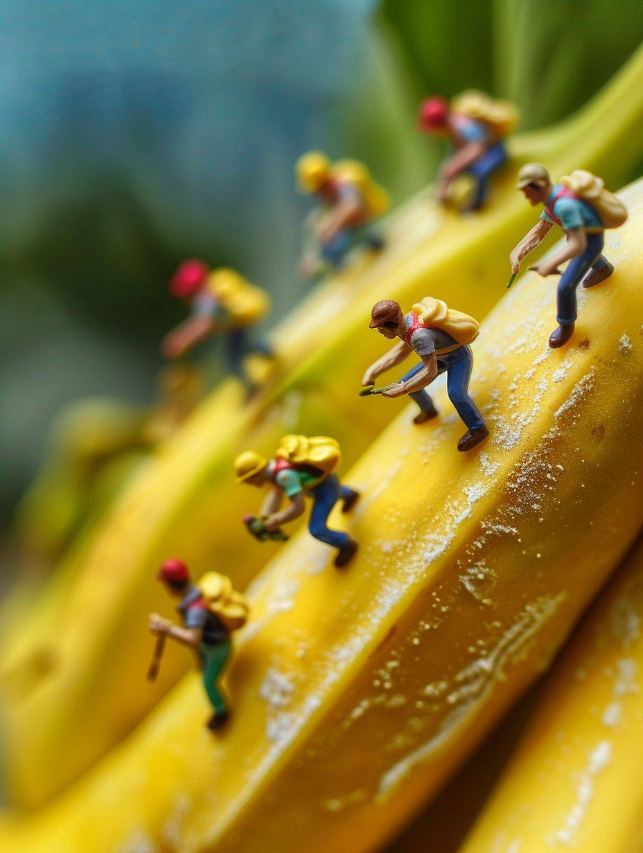 Little people climb the banana mountains, roads made of flour, miniatures, porters, games, fantasy landscape style, macro art, miniature cores, highly creative images, miniature creative photography, colorful animated stills, grocery art, minimalist figures, kawaii punk, advertising posters