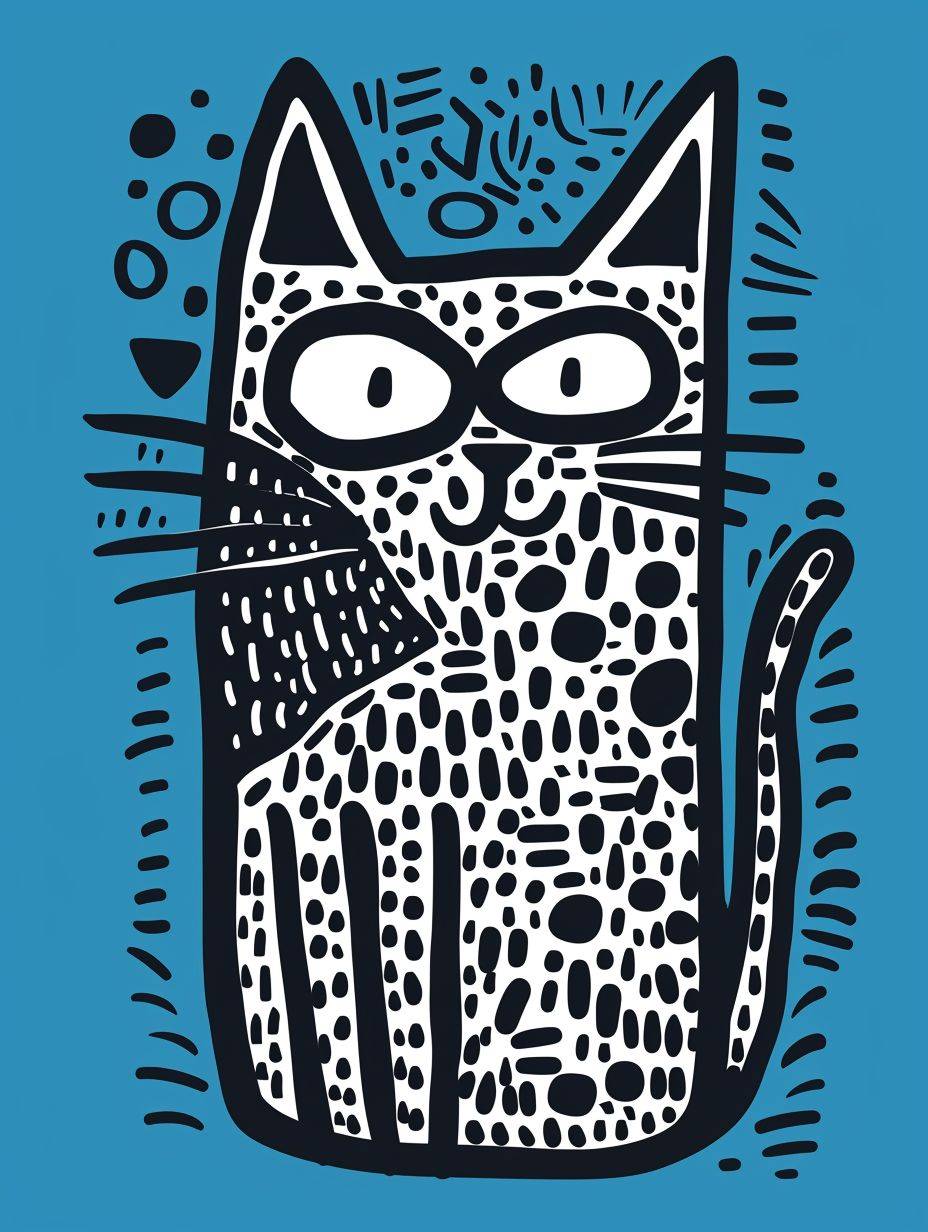 シンプルな全身キャラクターの猫イラスト、青い背景、キース・ヘリング風のドゥードル、シャーピーイラスト、太い線と鮮やかな色、シンプルなディテール、ミニマリスト 3:4アスペクト比