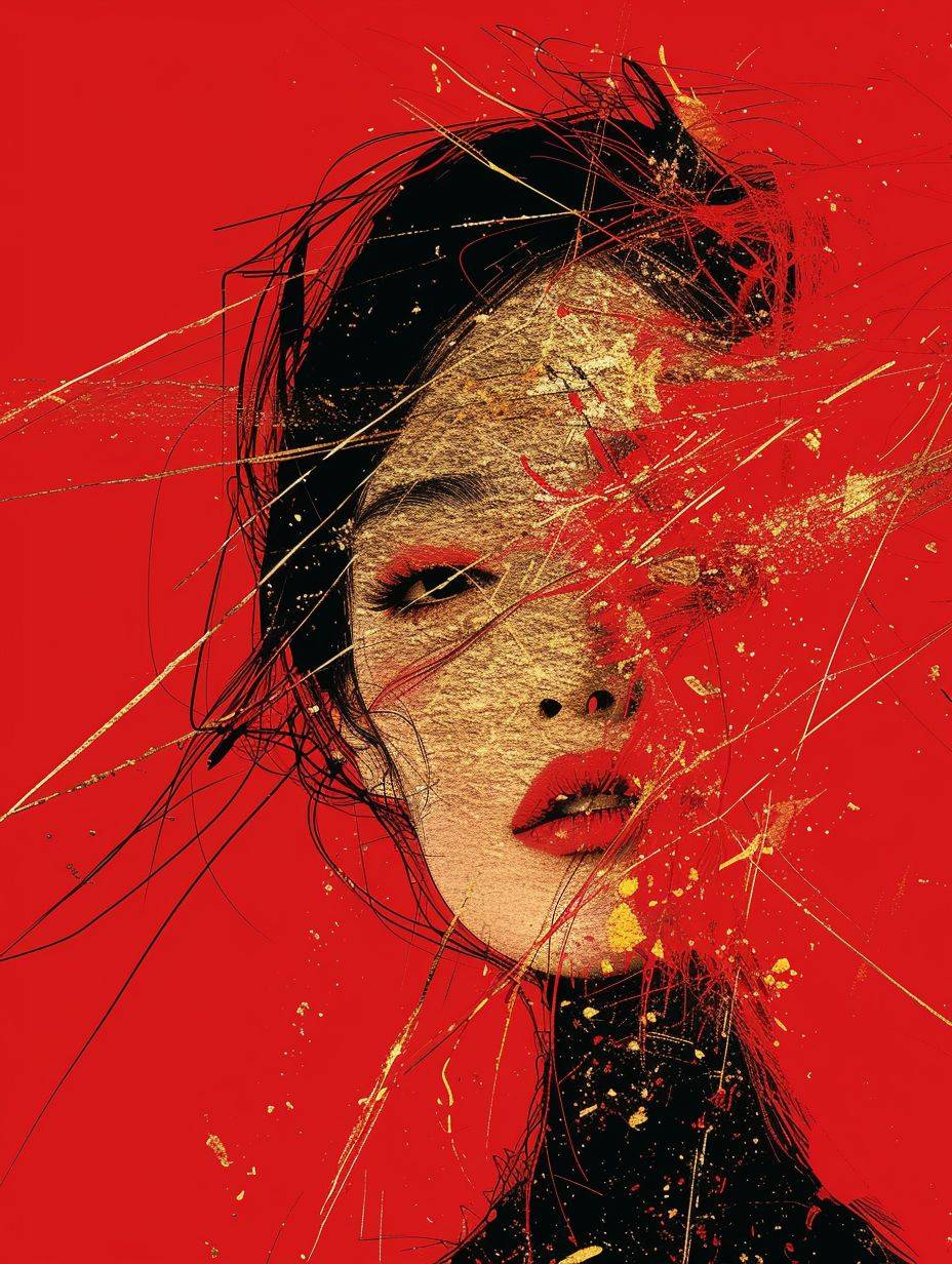 Andaluz's design is inspired by a Chinese girl. Sprinkled with golden lines, deconstructed minimalist thin line drawing. Pure red paper, fractal split effect. High fashion style of Dolce Gabbana and Balenciaga.