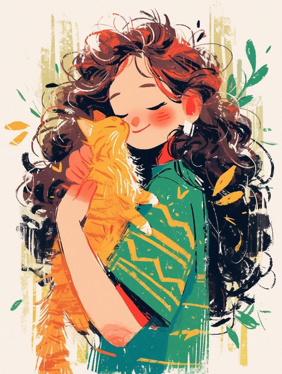 緑色のカートゥーンロゴ、髪の長い少女が半袖を着て、姜色の猫を抱いており、白い背景、Keith Haring風の落書きスタイル、シャーピーイラスト、太い線と濃い色彩、シンプルなディテール、ミニマリスト。