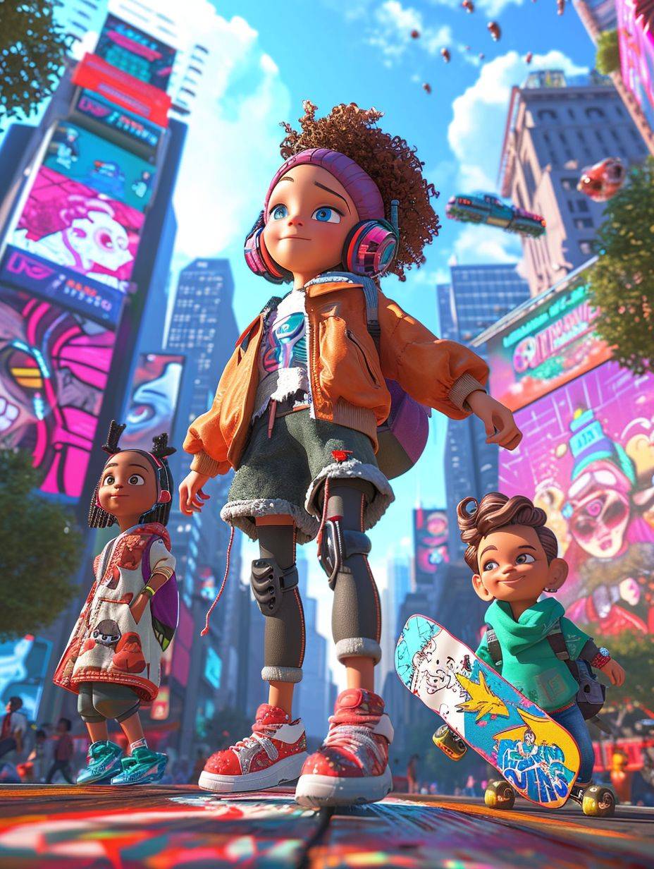 A lively and captivating CG cartoon scene showcasing modern character IPs in a bustling urban setting. Picture a group of diverse, adorable characters, each with their own unique style and personality, gathered in a vibrant city park. Among them, a tech-savvy girl with futuristic gadgets, a charismatic boy with a skateboard, and a creative artist painting a mural. The background is a lively cityscape with skyscrapers, digital billboards, and neon lights. The atmosphere is energetic and trendy, highlighting each character's distinctiveness and the dynamic nature of contemporary life.