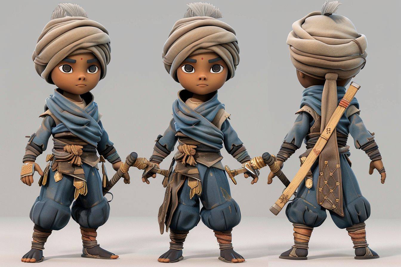 3D model of a dark-skinned 7-year-old boy, assassin, with a blond wooden sword, wearing Nihang Singh warrior clothes and turban, front and side angle on character sheet, daggers on his belt, 3D anime style.