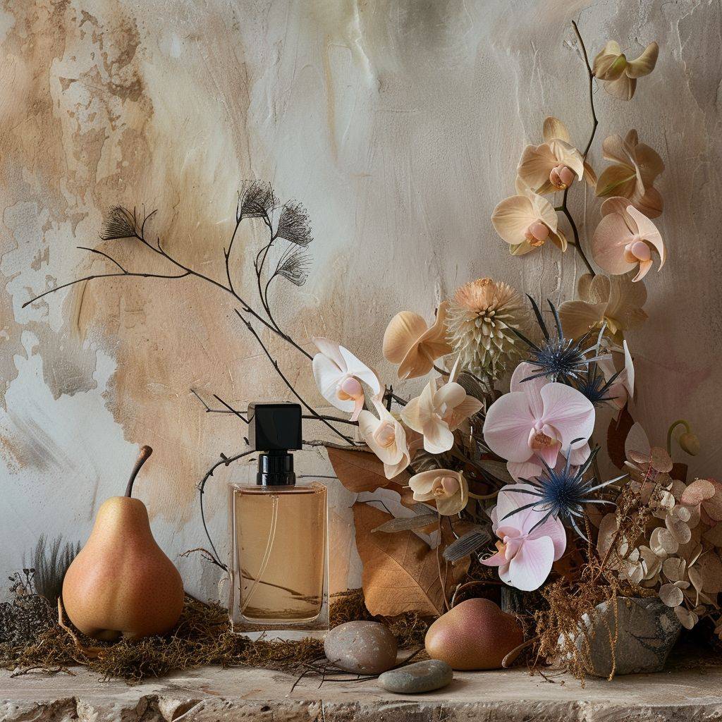 Create an elegant still life setup with a central element of a translucent honey-hued perfume bottle topped with a sleek black lid, against a subtly textured white wall backdrop. Surround the perfume bottle with organic embellishments such as a branch of delicate pink and ivory orchid flowers, eucalyptus leaves in a rich sienna tone, a textured golden pear, and a thistle flower featuring striking blue petals. Enhance the composition with additional textures like a base of moss, smooth stones, and a singular, curled dry leaf. Illuminate the scene with soft lighting to produce subtle and sophisticated shadows, creating an atmosphere of refined beauty and subtle opulence.