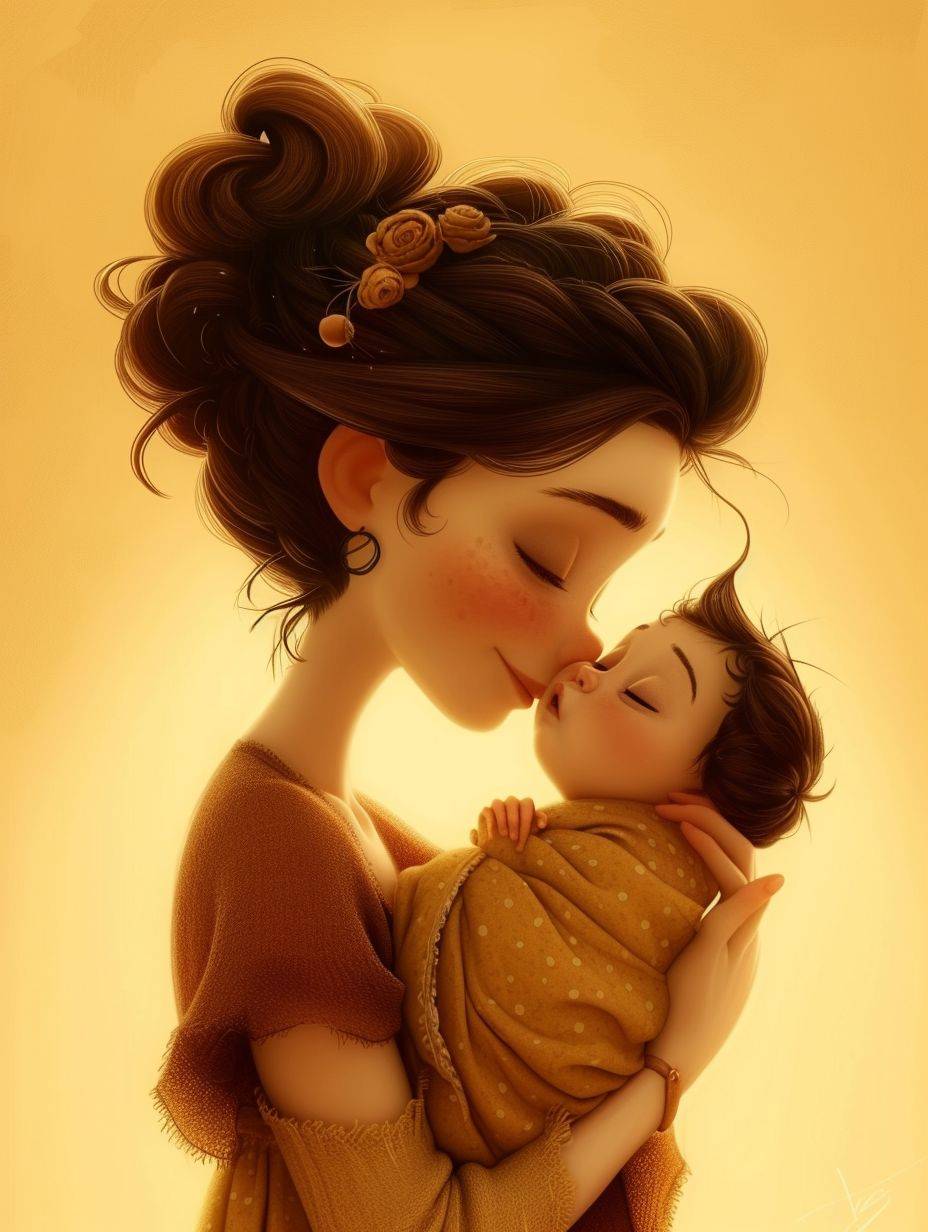 献身的な母親が優しく新生児を抱きしめ、子供の鼻先にそっとキスをしながら子守唄を囁くピクサー風のシーン。