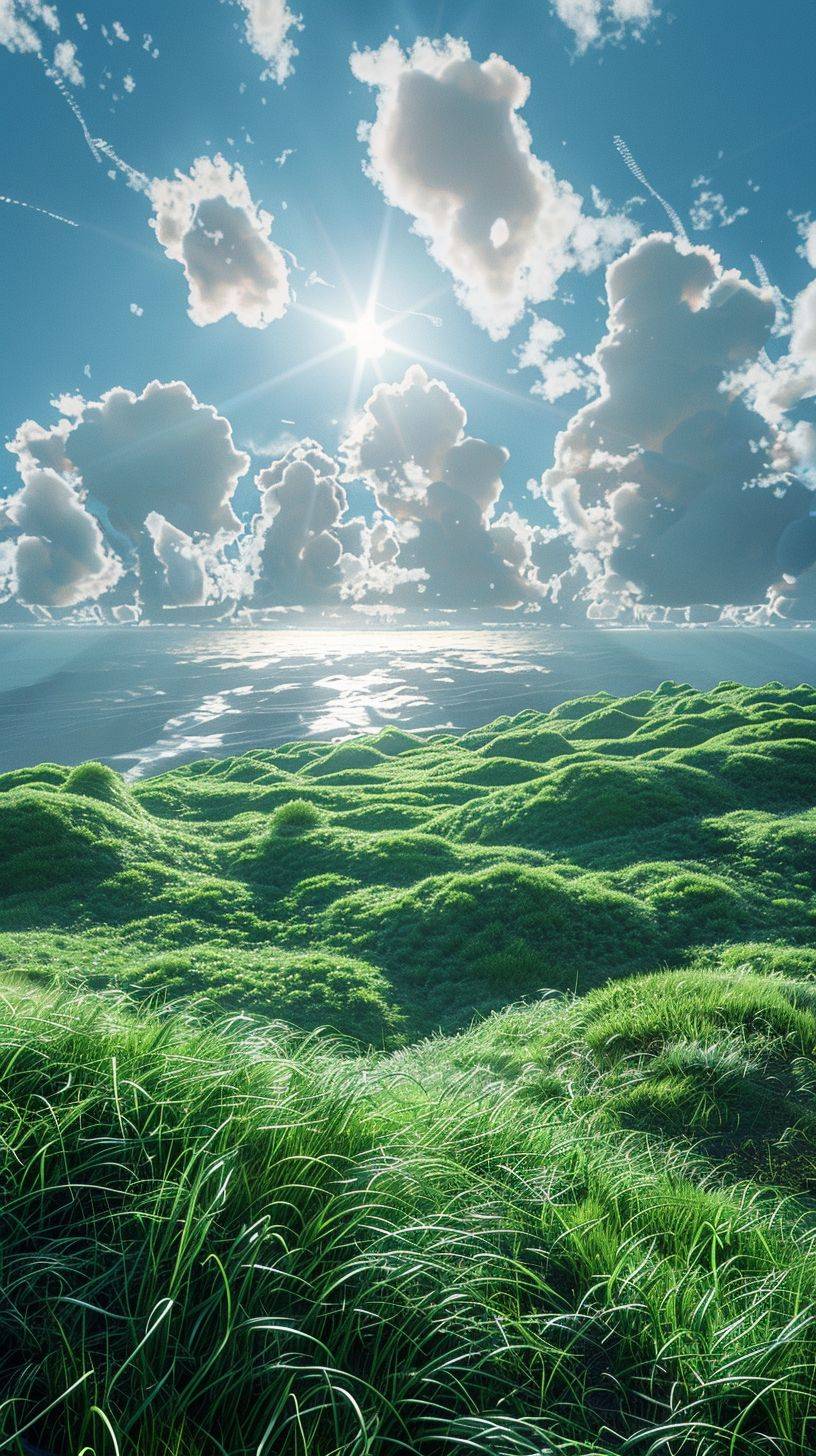 Realistic anime style, top view grassland, Tall green grass, the wind blows the grass into waves, rolling up and down, the endless sea of grass, Sunlight penetrates through the clouds, On the hillside by the sea,A patchwork of light and shadow,thick clouds, vivid,shadows,saturated,Bottom view,rendered in cinema4d,wide view,environment, vibrant, colourful, imaginative,full details,high definition image,photography,realistic,photorealistic,film photography,cinematic,highly detailed --ar 9:16 --stylize 250