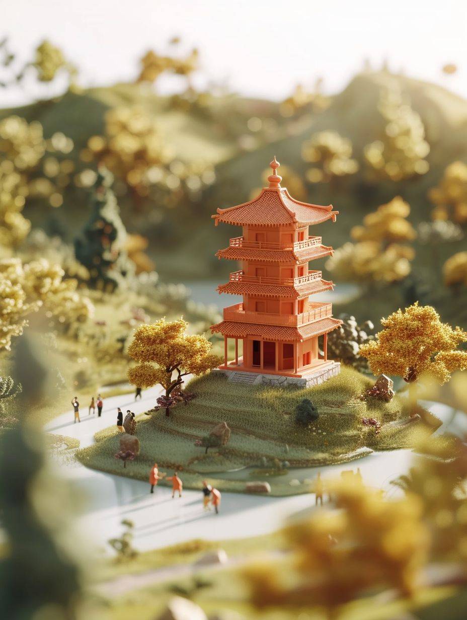 Miniature, super cute clay world, isometric view of Yellow Crane Tower, cute clay freeze frame animation, The Water Cube, people, trees, grass, tilt shift, excellent lighting, volume, landscape, brush, rendering, 3D, super detail