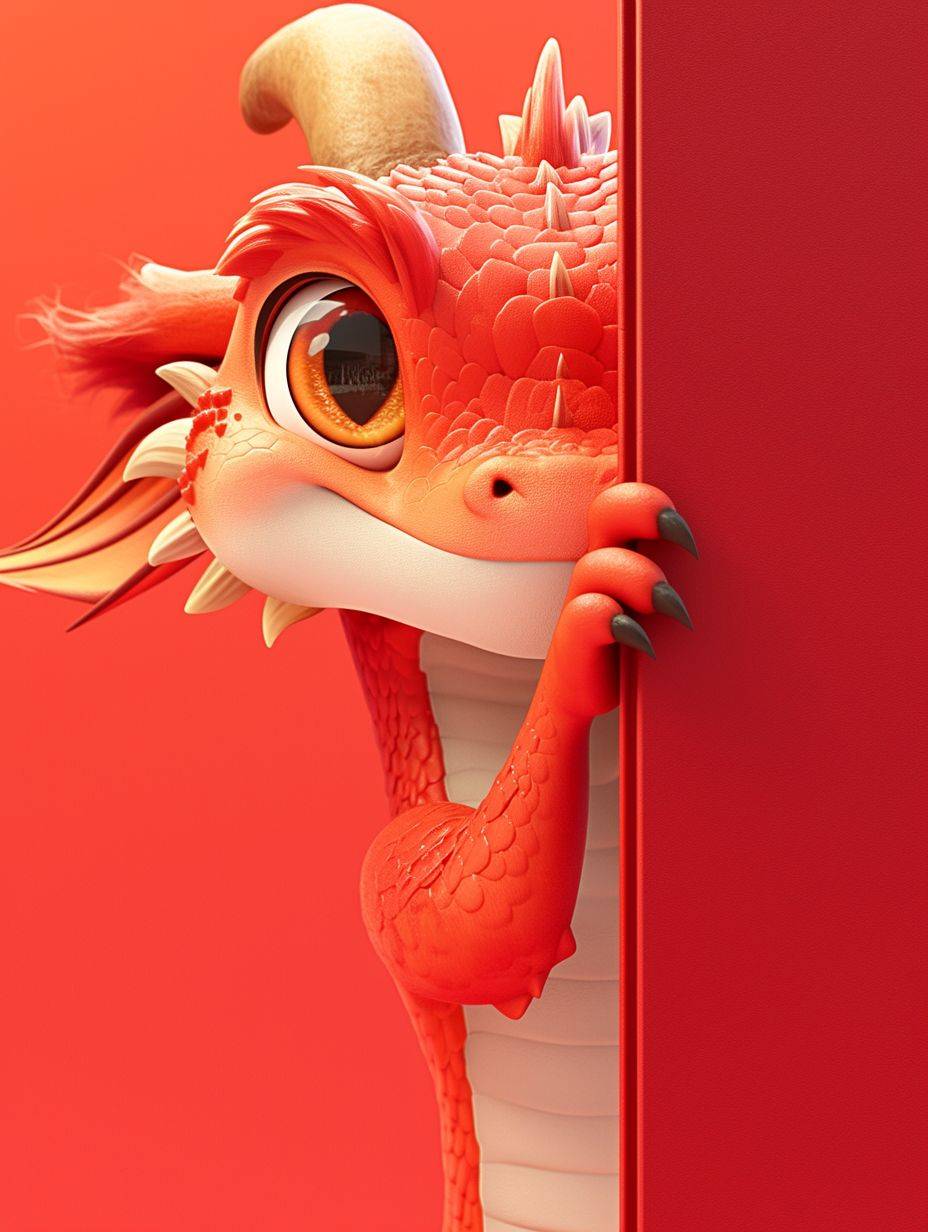 Pixar style, a cute red Chinese dragon hiding behind a red door, showing only its head, furry texture, cute and cute expression, Romantic style, simple clean light red background, movie lighting, volume light, soft and advanced colors, Bubble Mart, 3D, C4D, super detail, super precision