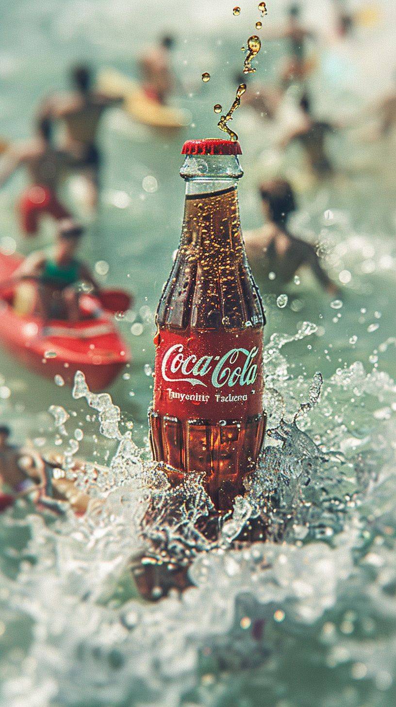 Tatsuya Tanaka, miniature food photography, scene photography, giant Coca-Cola in the center, brown cola spewing out of the mouth of the bottle, a group of young people kayaking, boating, water skiing, and other water sports on a lake, diagonal composition, dreamy texture, advanced photography style, cool tones, natural, surrealistic style, high quality, Fuji --ar 9:16 --stylize 250