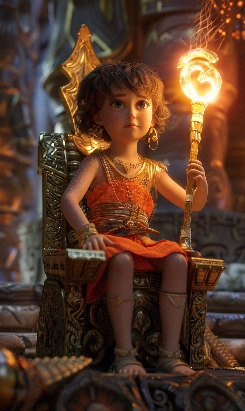 滑らかな茶色の髪をした3歳の女の子は、ポニーテールをせずに厳しい表情で古代の寺院の高い台の上に座り、手には魔法の光る杖を持って玉座に座っている。女の子は面白くてかわいらしい雰囲気がある。ピクサーの童話スタイルで。