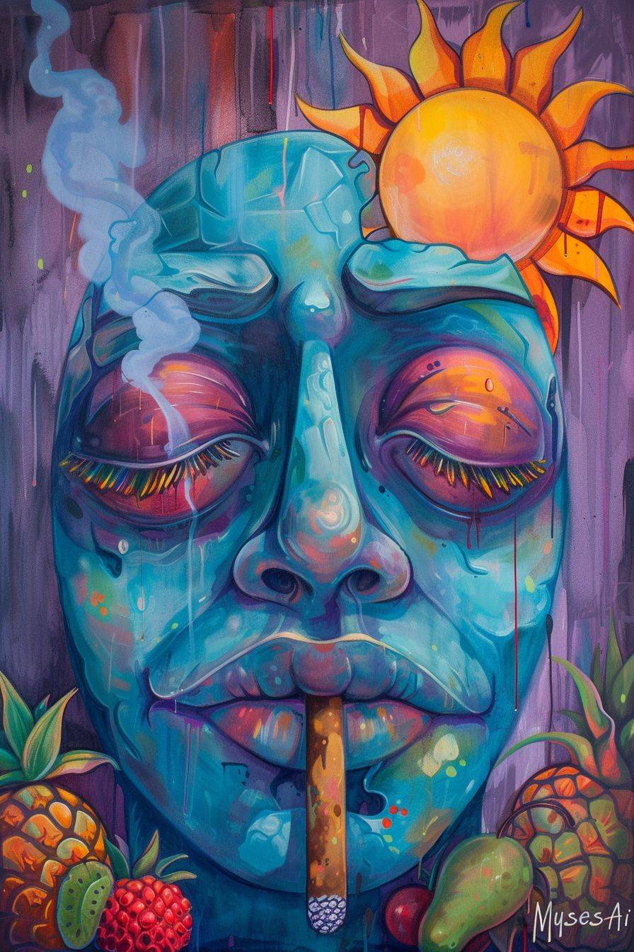 青いカートゥーンの疲れた顔が赤い疲れた目をしてタバコを吸っていて、角には太陽があり、底部には果物があり、カートゥーンの虹色の文字が書かれています。“MusesAi”とあります。顔は全体の画像サイズを取ります。