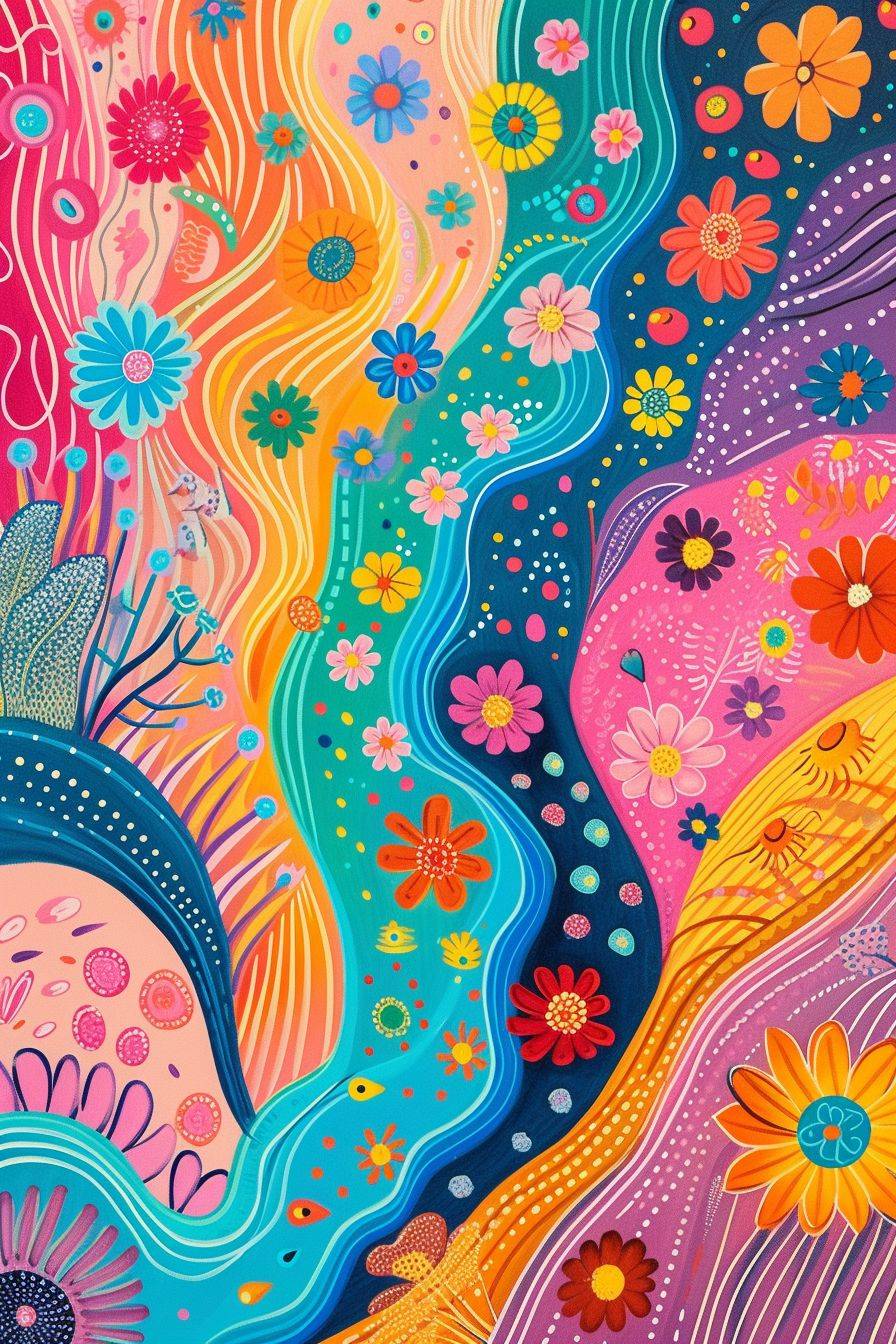 A bright, colorful aboriginal abstract background with flowers, dots, waves, and rainbows in the style of aboriginal art, soft, dreamy landscapes, tinkercore, naïve drawing, subtle colors, intricate patterns, colorful woodcarvings