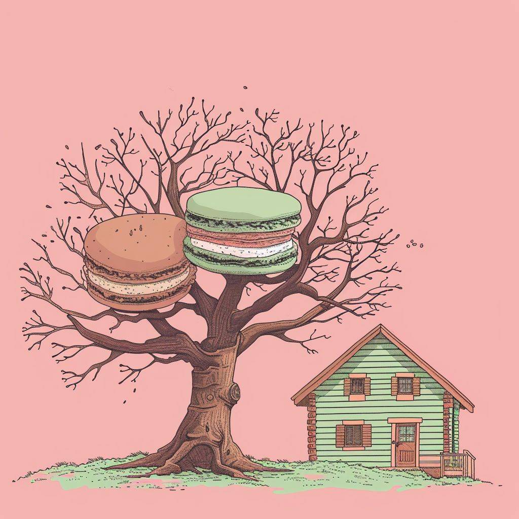 A cabin house, a tree with scattered branches behind it, minimalist illustration style, green macaron color scheme, 32kHD