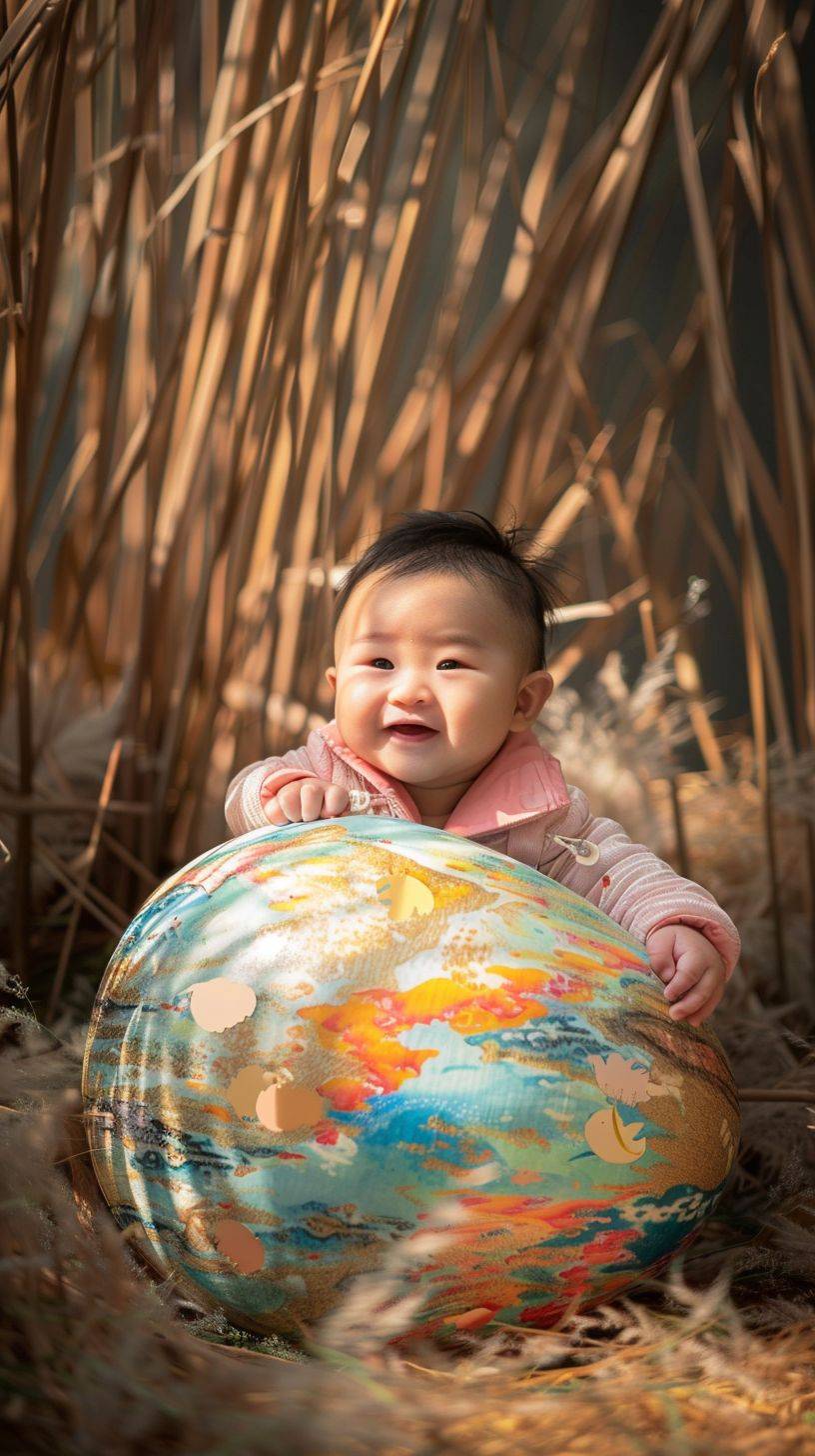 カワイイ中国の新生児の男の赤ちゃんが、巨大なカラフルな卵の中に座り、カメラを見て幸せそうに微笑んでおり、柔らかい葦に囲まれた日光のよく当たる日に、ハイパーリアリスティックでシュールな写真。