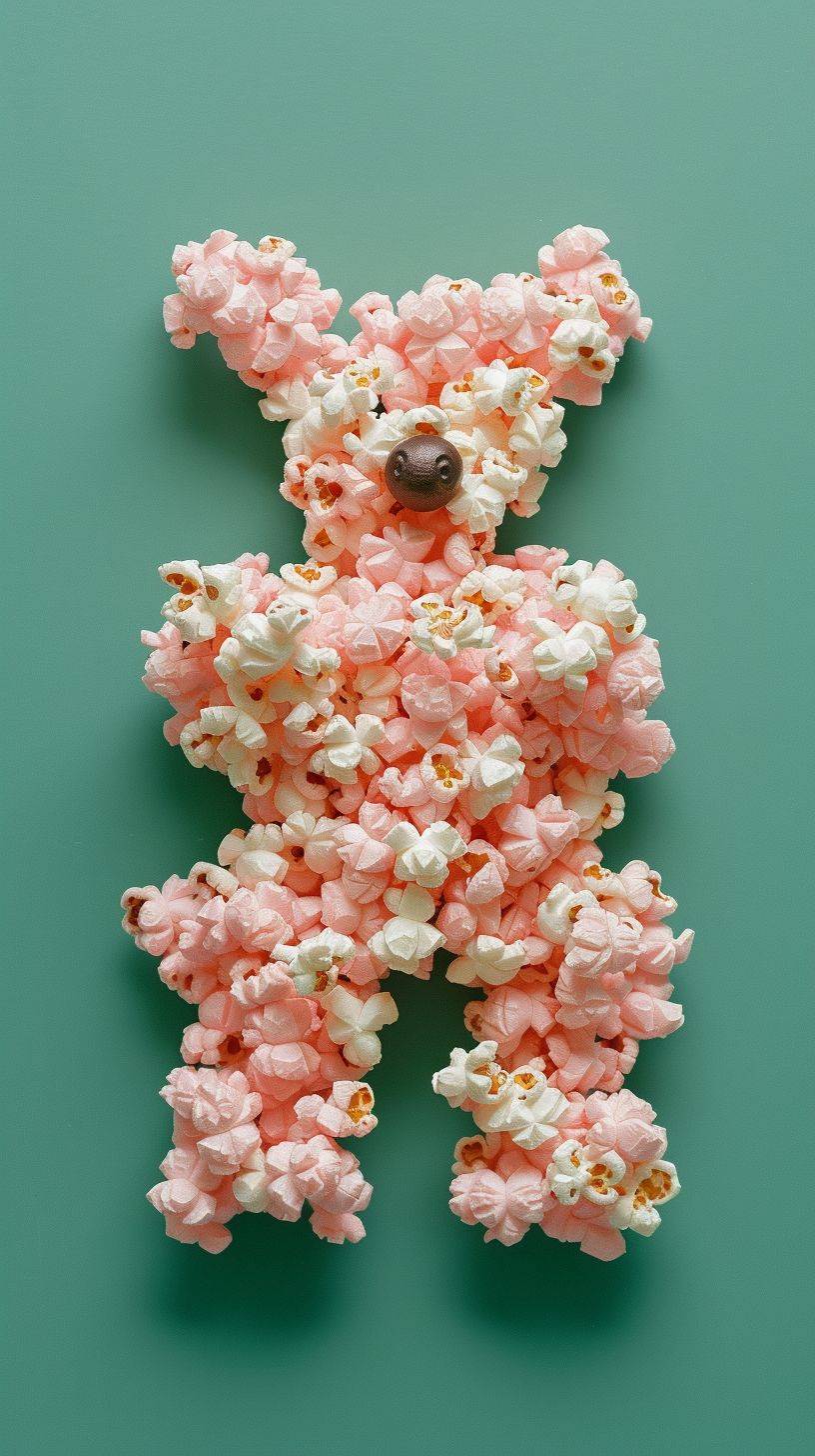Top view of a popcorn forming a dog, pink, set against green solid background, highly detailed.