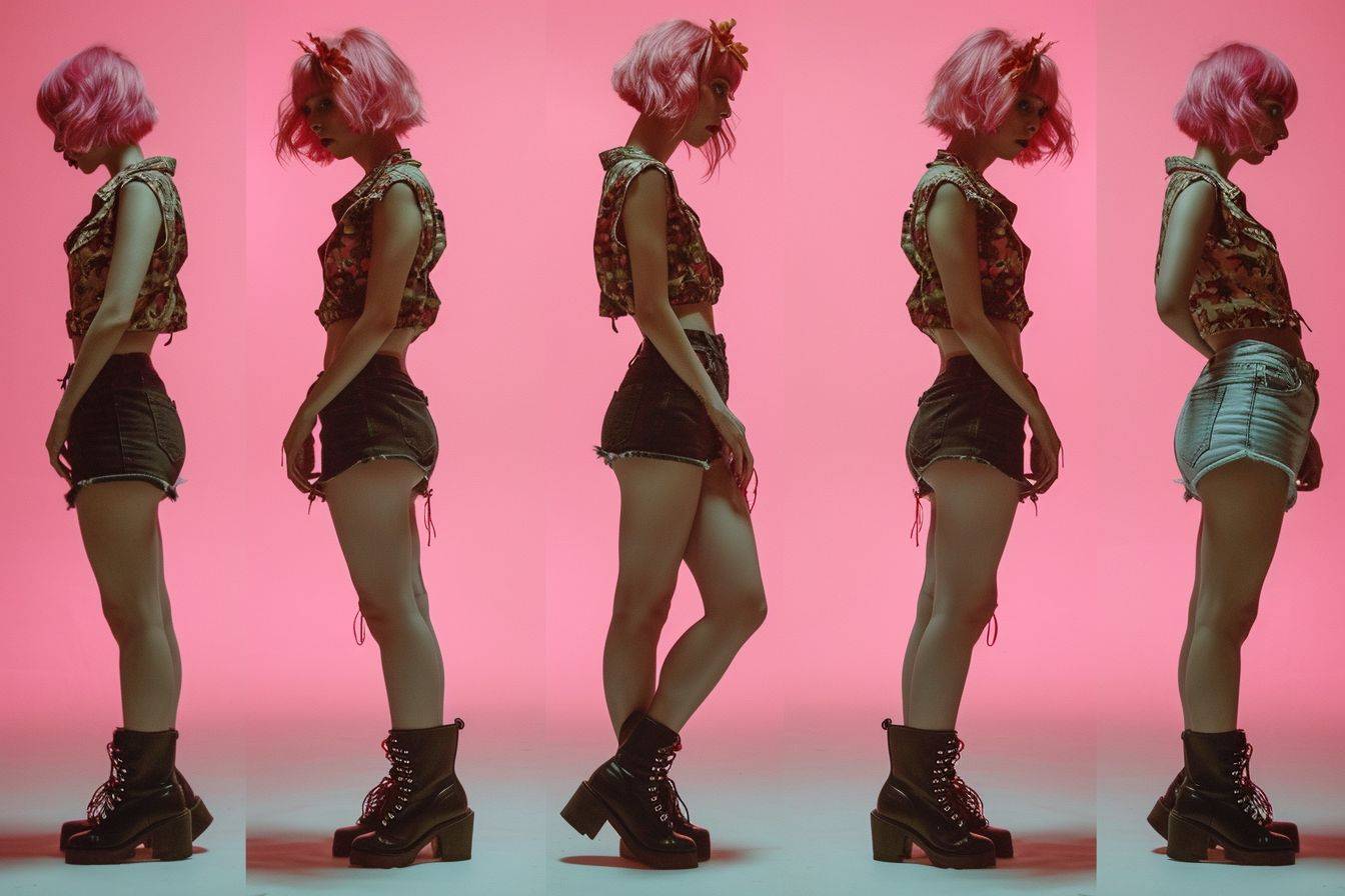 Full body turnaround, 5 shots of a woman from multiple angles, different expressions, wearing different high fashion short clothes, pink hair, highly detailed photo --v 6.0 --ar 3:2