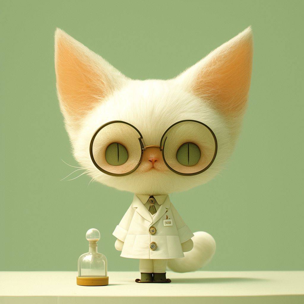 Adorable, friendly pharmacist character with a cat motif, 2 to 3 heads tall, in a lab coat, deformed illustration style. Rich facial detail, anthropomorphic quality, portrait photo, soft studio lighting, Canon EOS R5, drone shot angle, shutter speed 1/250s, deep depth of field, 50mm lens, aperture setting f/1.8, lens length 85mm, f-stop settings f/1.8, bright indoor lighting conditions, Ilford film stock