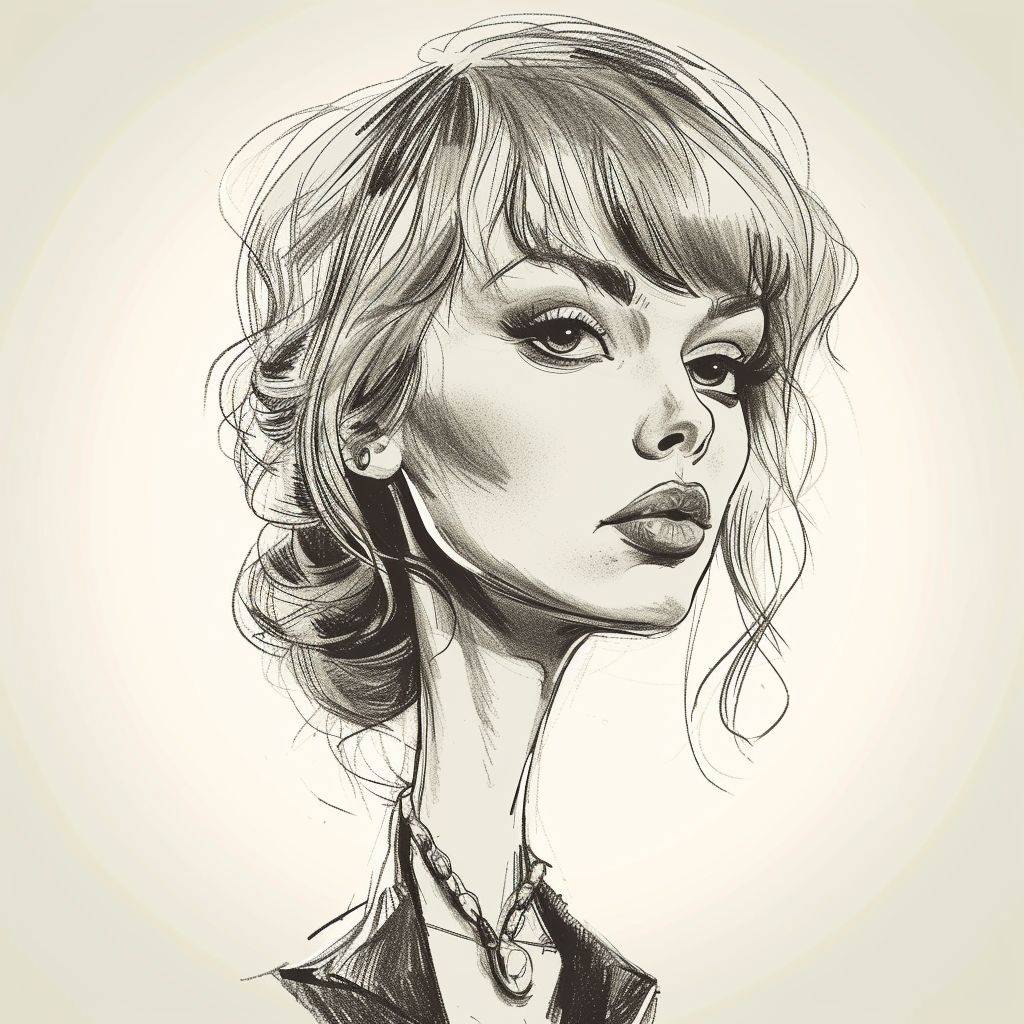 black and white hand drawn rough drawing caricature of Taylor Swift --style raw --v 6