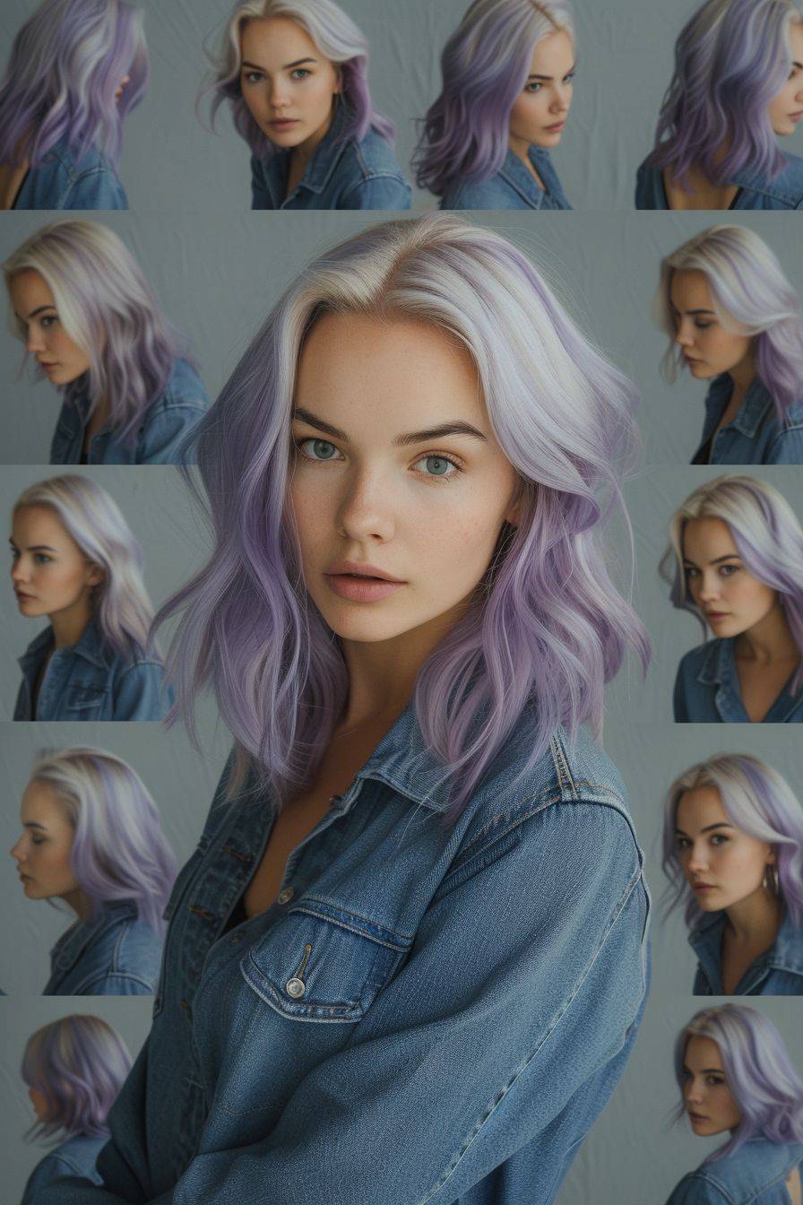 A female character (modern blond-purple hair pretty woman in her 30s) in many different poses, in the style of photorealistic, eerily realistic, realistic like life, light indigo and dark gold, realistic hyper-detail, Instagramcore--exclude CGI, digital illustration--ar 85:128 --v 6