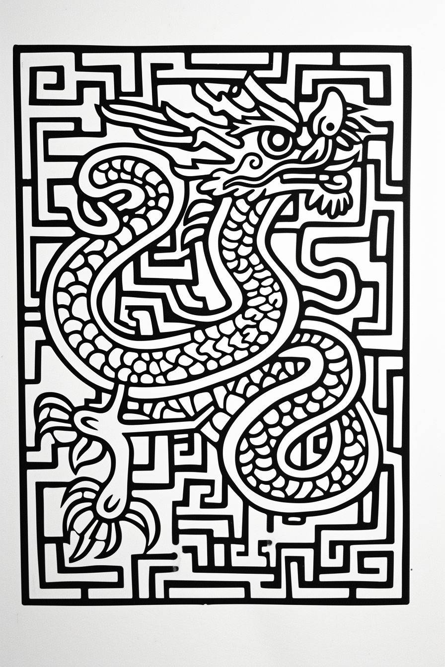 A traditional Chinese dragon, four-pawed, in the style of Keith Haring, with thick line draft, printed with lino, cool and simple