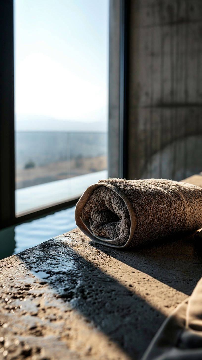 Close-up macro photo of a beige towel roll, pool, desert view, tall window, high-angle, minimalist industrial interior, morning light, dark olive and grey colors
