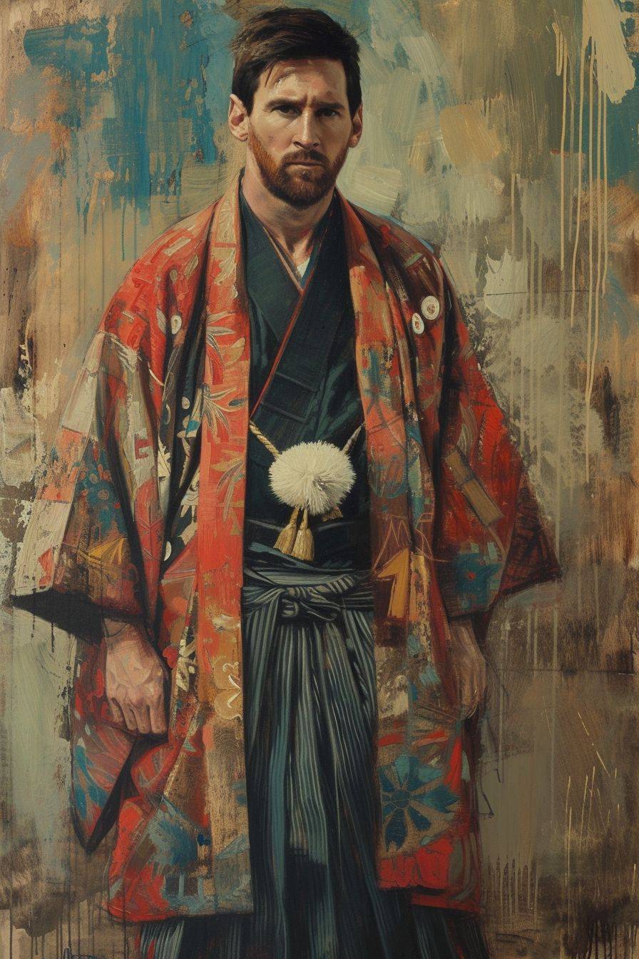 Draw an oil painting, Messi wearing a Japanese kimono