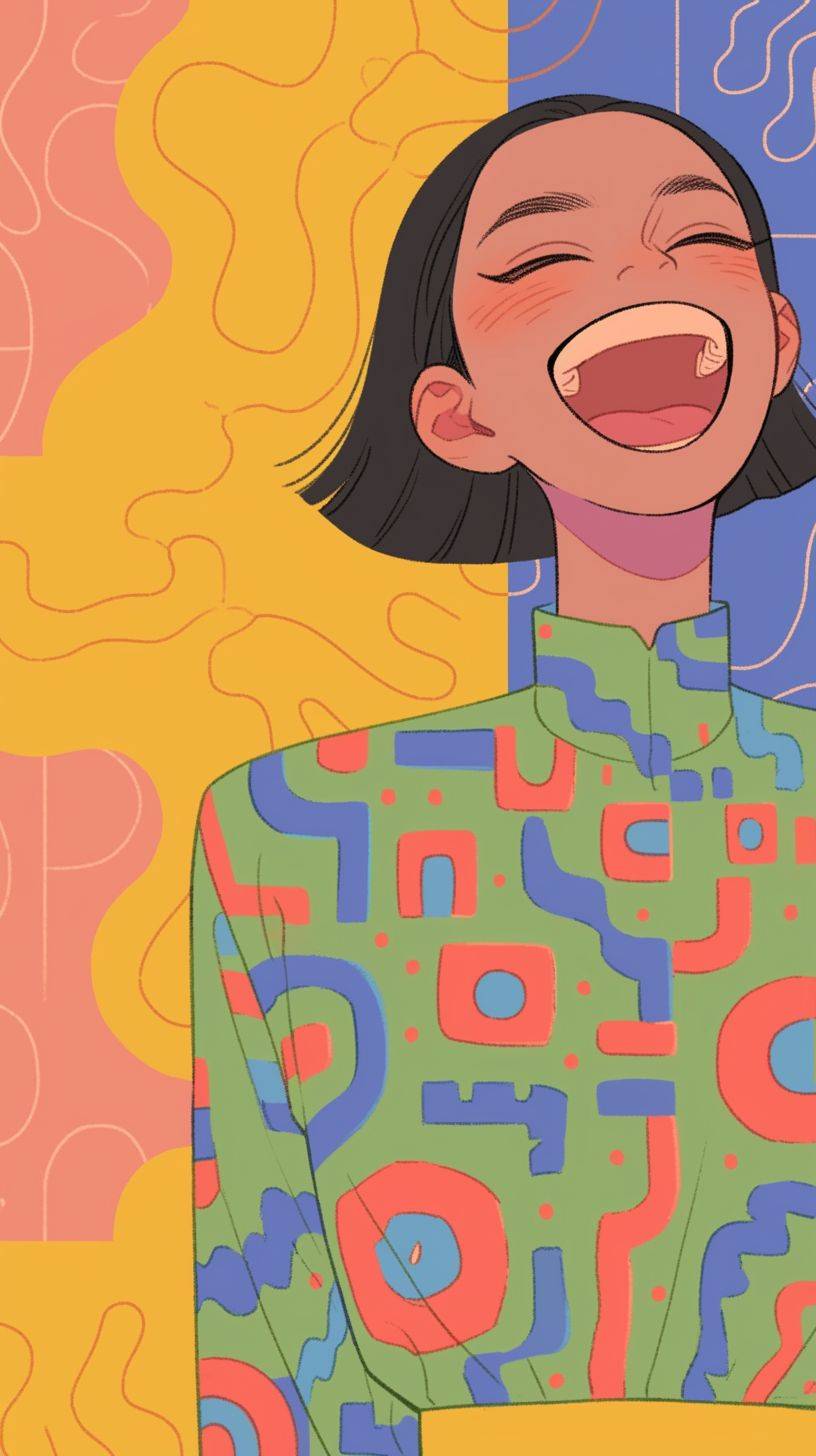 Close-up illustration of a girl laughing.
