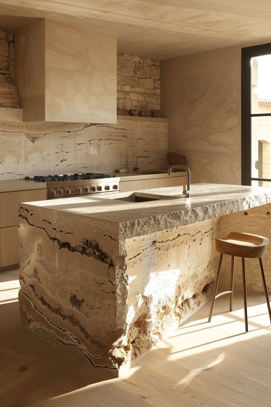kitchen island made of travertine marble, hyper realistic